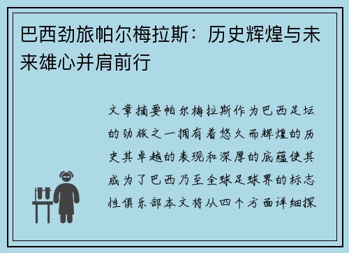 巴西劲旅帕尔梅拉斯：历史辉煌与未来雄心并肩前行
