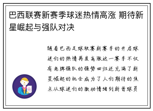 巴西联赛新赛季球迷热情高涨 期待新星崛起与强队对决